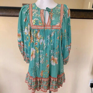 Rachel Zoe Teal Green Floral Tassel Peasant Top Women’s Size Small